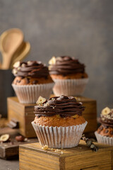 Chocolate chip muffins decorated with chocolate ganache