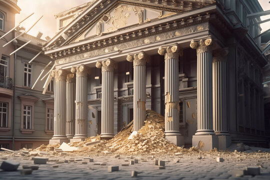 destruction of a building with columns. bank building collapse. ai generated