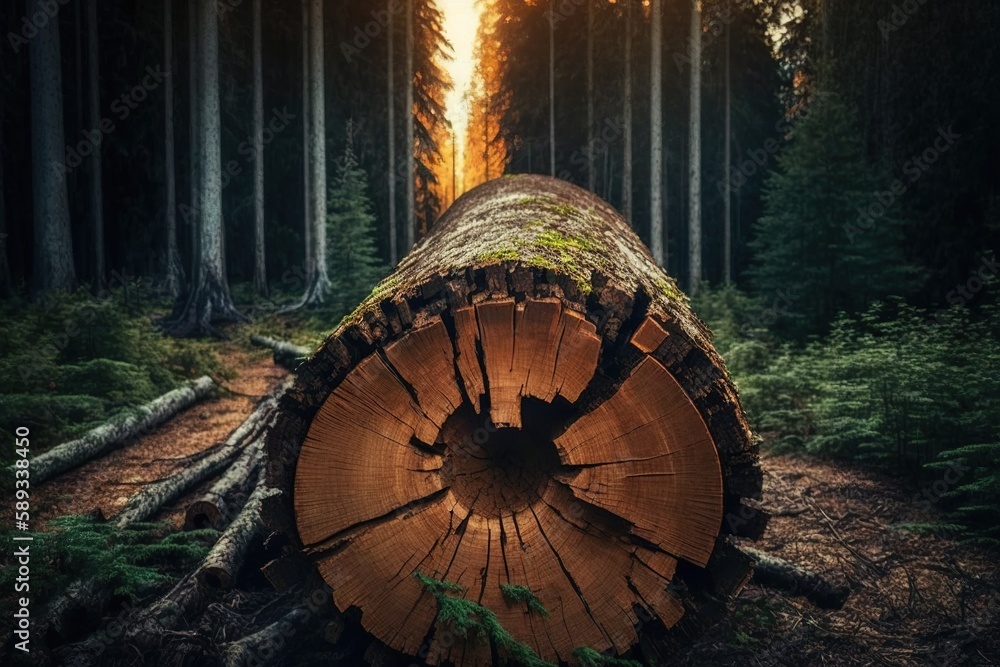 Poster a fallen tree in a vast forest serves as a log. generative ai