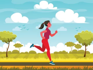 Fototapete Rund Running woman. Female athlete is jogging. Running sport concept. Rural landscape with field and grass. Green area with blue sky and clouds. Vector graphics © Vectors