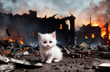 Fluffy kitten on background of ruined city after war. Generative AI.