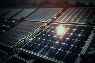 Solar panels, renewable energy source. Background with selective focus. AI generated, human enhanced