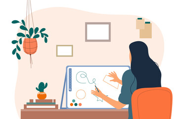 Artist creating illustration. Graphic designer and freelancer in workplace. Girl sits with graphics tablet and creates interface for website, programs and apps. Cartoon flat vector illustration