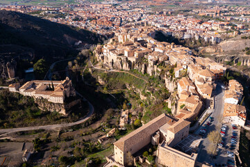 Picturesque aerial view of old Spanish town of Cuenca called city of hanging houses