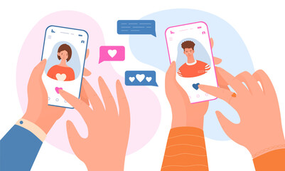 Dating application concept. Man and woman hold smartphones in their hands and like each other. Love and romance, tenderness. Modern technologies and digital world. Cartoon flat vector illustration