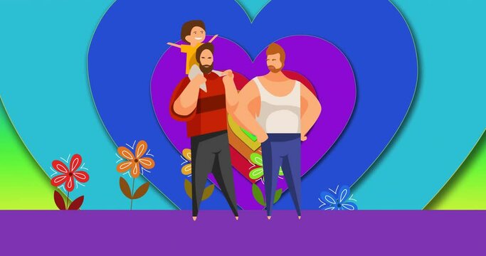 Animation of gay male couple with son over rainbow heart background