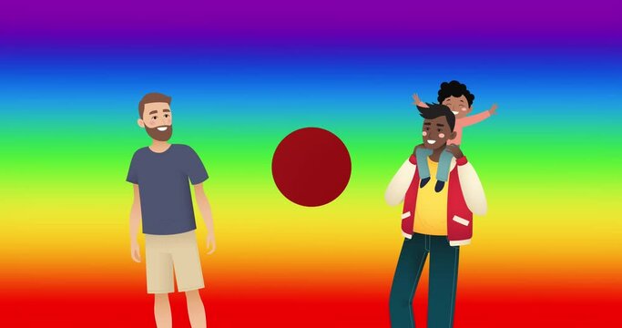 Animation of gay male couple with son over rainbow background
