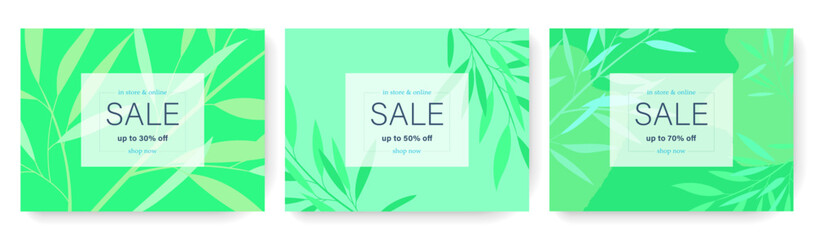 Set of editable web templates for spring sale. Minimalistic vector illustrations in pastel green colors with botanical and abstract elements.