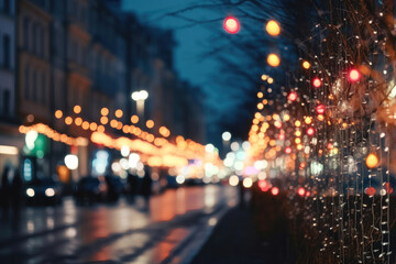 Blurred Christmas Illuminations on City Street. Generative Ai