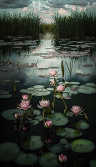 Naklejka premium Generative AI. Digitally created watercolor painting of vibrant water lilies in a pond