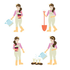 garden girl with a spade, watering and planting set