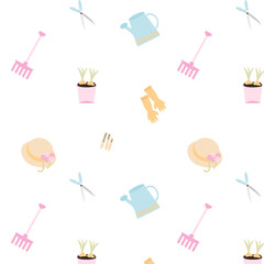 garden pattern with hat, tools, flowers