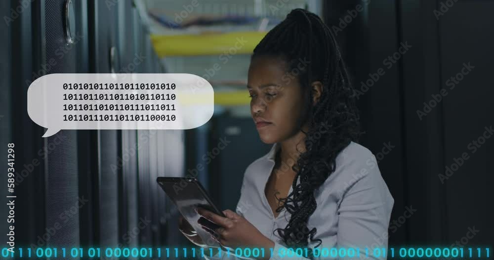 Poster animation of binary coding and female african american it engineer and computer servers