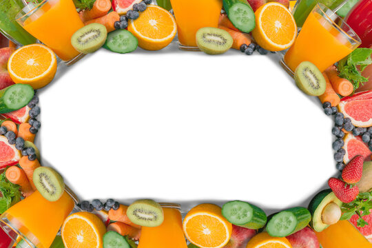 Frame with fruits and natural fruit juice on a transparent background