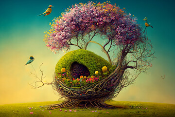 A whimsical spring scene with new life emerging