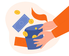 Hands holding wallet. Character with banknotes and golden coins. Budget and savings, financial literacy and passive income. Successful entrepreneur and rich investor. Cartoon flat vector illustration