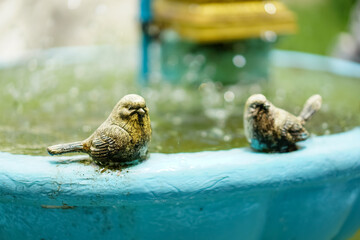 Two little bronze sparrow bird sculptures were settled on the rim of the blue garden fountain. The...