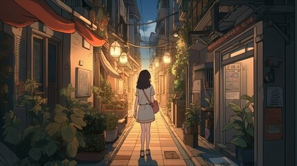Girl from back walking in the japanese street in anime style. Suitable for book cover, music cover. Generative ai
