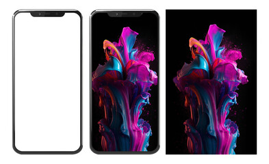 Realistic mobile phone mockup and colorful liquid paint explosion abstract wallpaper,
