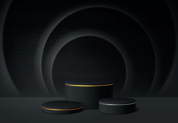 Platform or podium with golden ring. Minimalistic stage for show your products. Realistic 3d black cylinder on a dark background. Mock up for fashion presentation.