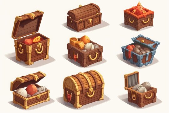 Set of treasure chest made by wood for adventure, fantasy game assets, isometric box. Generative ai