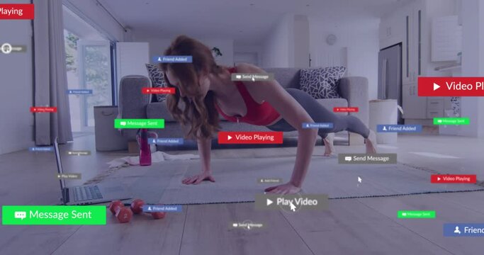 Animation Of Media Icons Over Caucasian Woman Doing Push Ups At Home