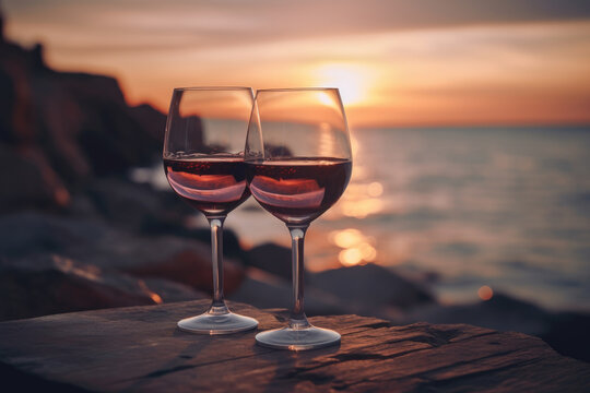 Two glasses of red wine in a restaurant overlooking beautiful mediterranean landscape on sunset. Generative AI.
