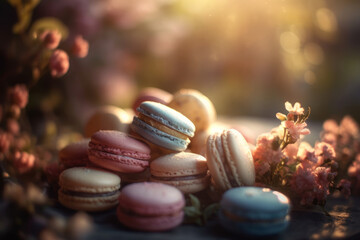 Colorful French macarons on wooden table surrounded with beautiful flowers. Generative AI.