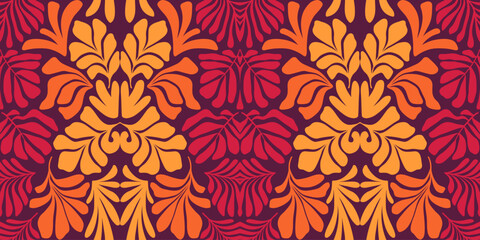 Red orange abstract background with tropical palm leaves in Matisse style. Vector seamless pattern with Scandinavian cut out elements.