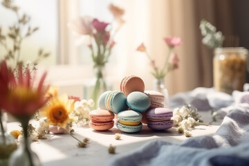 Colorful French macarons on wooden table surrounded with beautiful flowers. Generative AI.