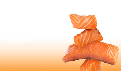 Cut fresh salmon on white and orange gradient background, space for text