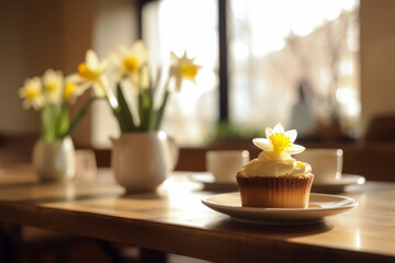 Obraz na płótnie Canvas Delicious cupcake decorated with white frosting and daffodil flower. Generative AI.