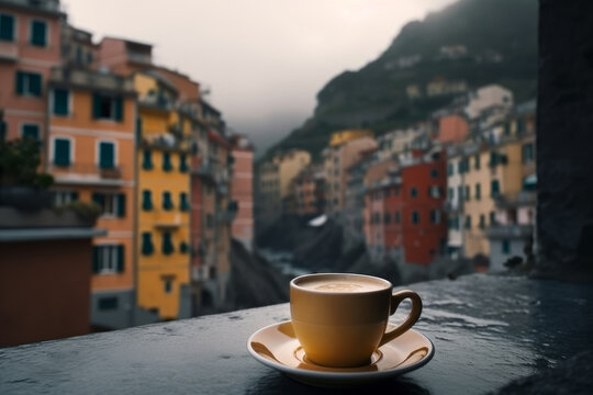 A cup of capuccino coffee in yellow cup on on a windowsill overlooking italian town on a rainy day. Generative AI.