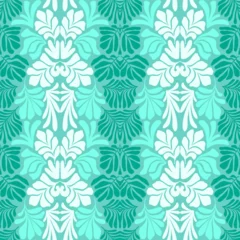 Behang Turquoise white abstract background with tropical palm leaves in Matisse style. Vector seamless pattern with Scandinavian cut out elements. © Oleksandra