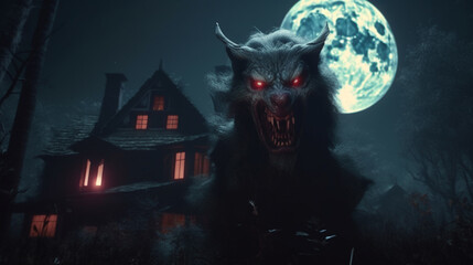 Black growling aggressive wolf with glowing red eyes in front of a big moon. Stars in the night sky