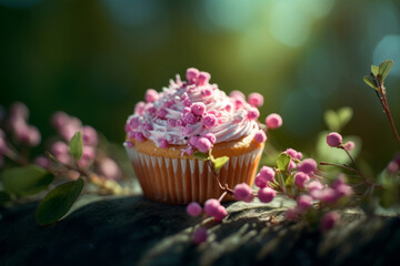 Delicious cupcake decorated with pink frosting and small pink flowers. Generative AI.