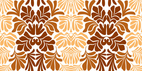 Brown beige abstract background with tropical palm leaves in Matisse style. Vector seamless pattern with Scandinavian cut out elements.