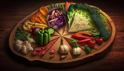 Vegetables, freshly cut, arranged on a wooden board. Generative AI
