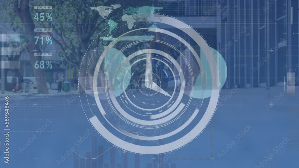 Poster animation of clock moving over data processing, world map and city