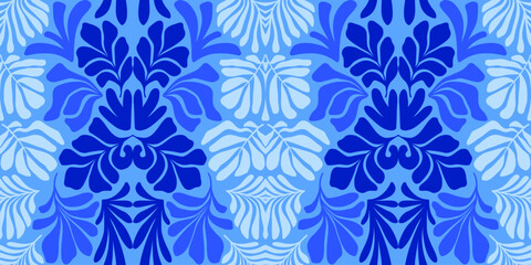 Blue gradient abstract background with tropical palm leaves in Matisse style. Vector seamless pattern with Scandinavian cut out elements.