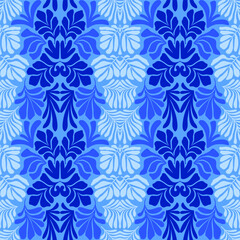 Blue gradient abstract background with tropical palm leaves in Matisse style. Vector seamless pattern with Scandinavian cut out elements.