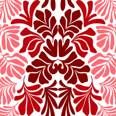 Red white abstract background with tropical palm leaves in Matisse style. Vector seamless pattern with Scandinavian cut out elements.