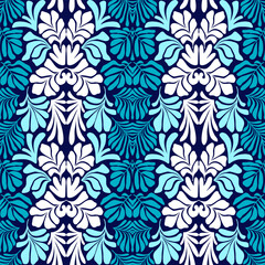 Blue white abstract background with tropical palm leaves in Matisse style. Vector seamless pattern with Scandinavian cut out elements.