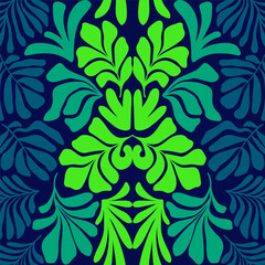 Dark blue green abstract background with tropical palm leaves in Matisse style. Vector seamless pattern with Scandinavian cut out elements.