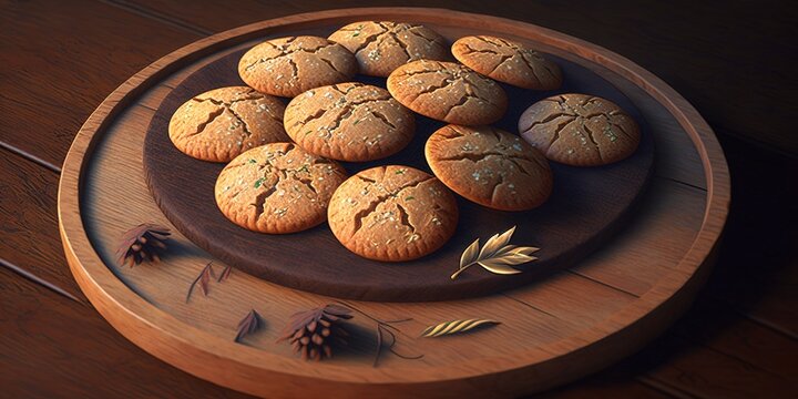 On a wooden board, few fried mutaki biscuits. Generative AI
