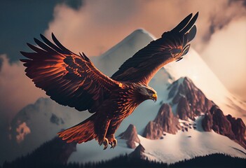 Fototapeta na wymiar eagle bird fly high on sky with mountain as background, Generative Ai