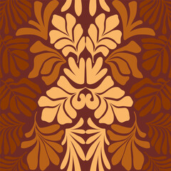 Brown beige abstract background with tropical palm leaves in Matisse style. Vector seamless pattern with Scandinavian cut out elements.