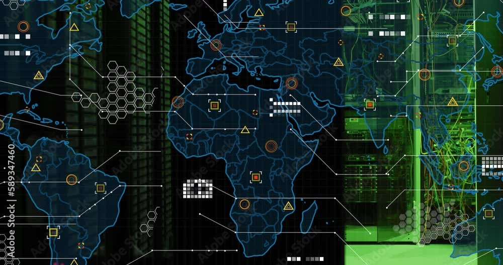 Poster animation of world map and data processing against computer server room