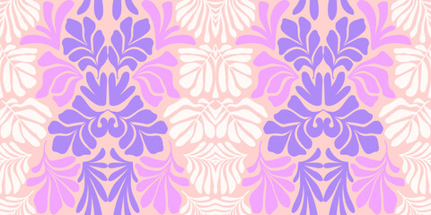 Pastel pink purple brown abstract background with tropical palm leaves in Matisse style. Vector seamless pattern with Scandinavian cut out elements.