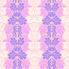 Pastel pink purple brown abstract background with tropical palm leaves in Matisse style. Vector seamless pattern with Scandinavian cut out elements.